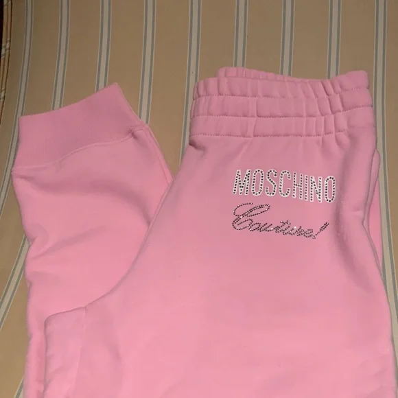MOSCHINO COUTURE PINK JOGGERS SEAM POCKETS W/ZIPPER CLOSE LOGO CRYSTALS SIZE 38